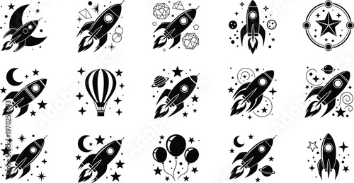 Space rocket ship icon set with stars planets moon balloons and hot air balloon silhouettes for galaxy exploration adventure design