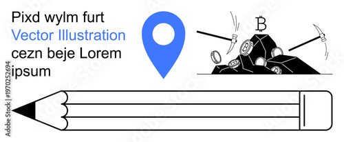 Cryptocurrency, digital currency, blockchain technology, data mining, financial analytics, location services. Pencil, location pin and Bitcoin mining graphics. Cryptocurrency and blockchain