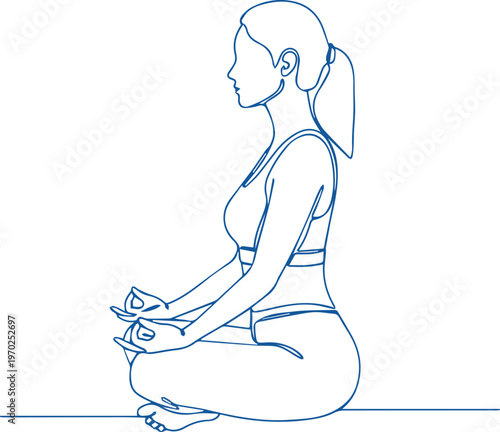 Side Profile of Woman in Yoga Lotus Pose, Continuous One Line Art Meditation Concept