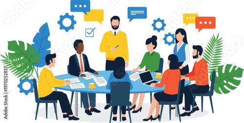 Diverse business team having a productive office meeting around a round table for corporate brainstorming project management teamwork collaboration strategy and professional communication