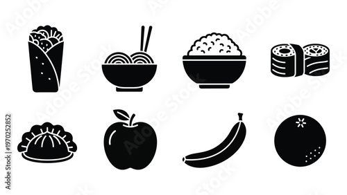 A collection of diverse food icons including tacos sushi noodles fruit and dumplings in a flat design silhouette high quality professional