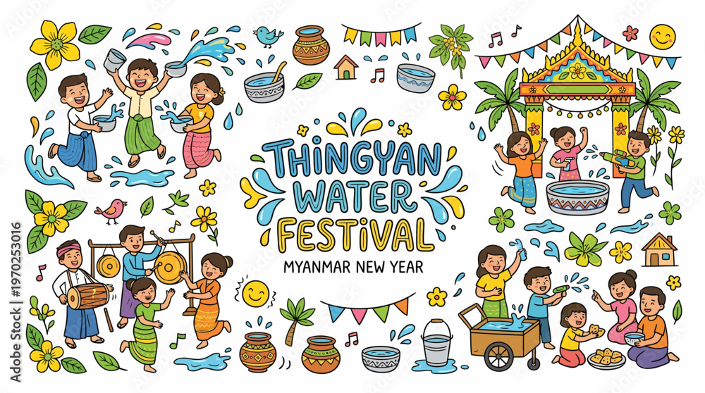 Fototapeta premium Thingyan Water Festival Myanmar New Year Cartoon Doodle