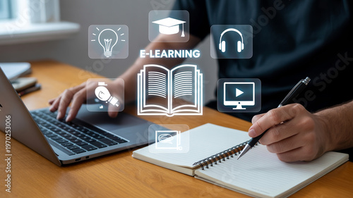 Person typing on laptop and writing in notebook surrounded by elearning icons representing modern online education