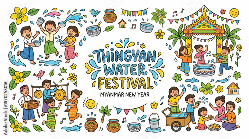 Thingyan Water Festival Myanmar New Year Cartoon Doodle