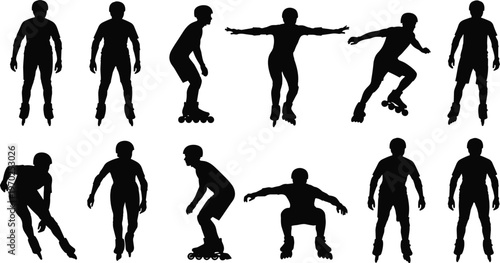 Large collection of professional roller skater silhouettes in various poses and action movements wearing helmets for extreme sports competition and urban recreation lifestyle vector