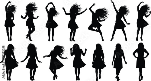 Large collection of happy woman silhouettes dancing and posing in summer dresses for party celebration fashion lifestyle female empowerment joyful movement and artistic entertainment