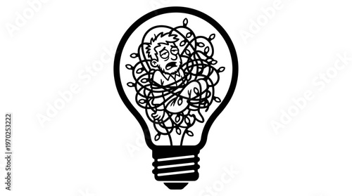 Minimalist Christmas Bulb with Tangled Lights Cartoon Line Art, Monochrome Vector Illustration of Holiday Humor