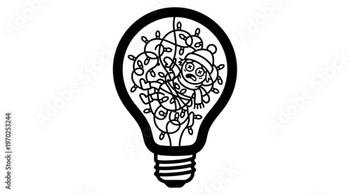 Minimalist Christmas Bulb with Tangled Lights Cartoon Line Art, Monochrome Vector Illustration of Holiday Humor