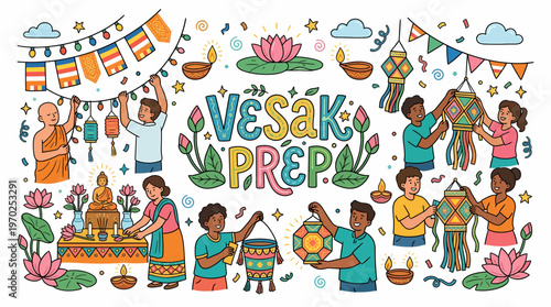 Vesak Day Celebration: People Preparing Decorations, Lanterns, Buddha Statue