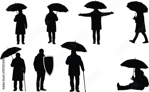 Set of man silhouettes holding umbrellas in various poses including walking standing with walking stick and sitting representing weather protection insurance and safety concepts
