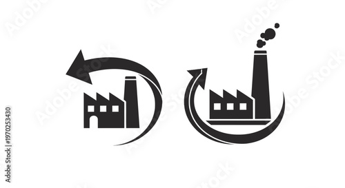 Industrial production cycle and environmental impact concept with factory icons