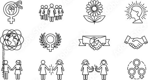 Set of female empowerment line icons featuring women rights gender equality sisterhood freedom and global peace symbols for international womens day social justice advocacy