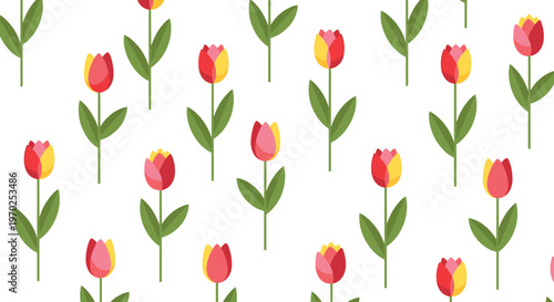 A seamless decorative pattern showcases multiple stylized tulip flowers with green leaves and colorful petals arranged in a rhythmic sequence on a white field.
