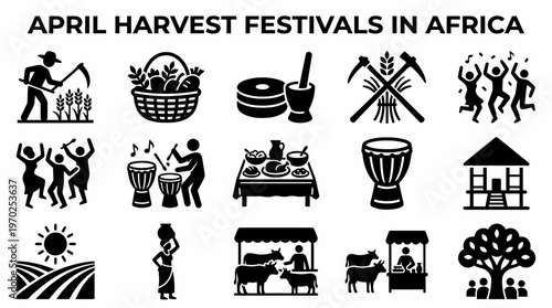 African Harvest Festival Icons: Farming, Food, Music, Dance, Celebration