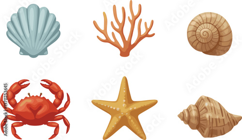 Marine objects illustration with shells, coral, crab, and starfish concept in cartoon style