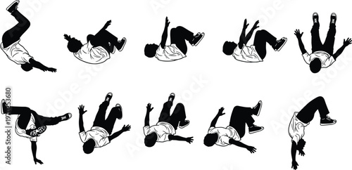 Set of professional parkour athlete silhouettes performing flips jumps and acrobatic stunts for extreme sports urban free running youth culture and athletic training design