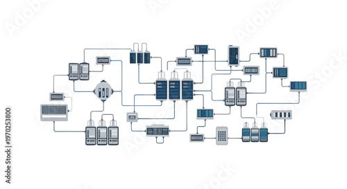 An isometric diagram illustrates an intricate data center network with server racks, battery units, and interconnected components.