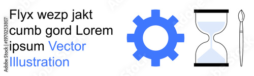 Time management, creativity, workflow optimization, resource planning, productivity enhancement, innovation. Blue gear, hourglass and paintbrush icons. Time management and creativity concepts