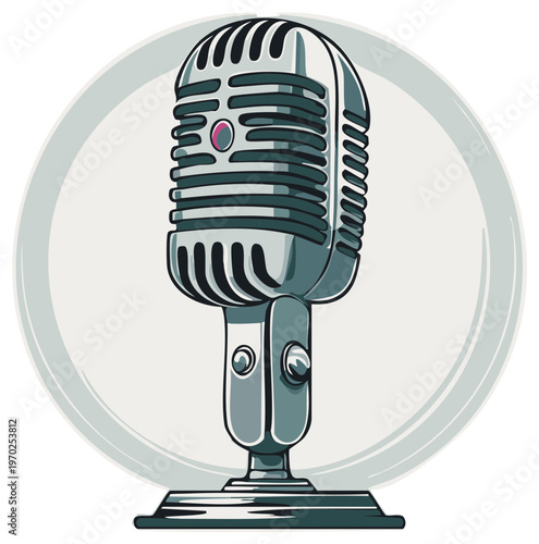 Vintage microphone illustration featuring silver finish, vector design, antique aesthetic, and classic broadcast equipment for sound recording