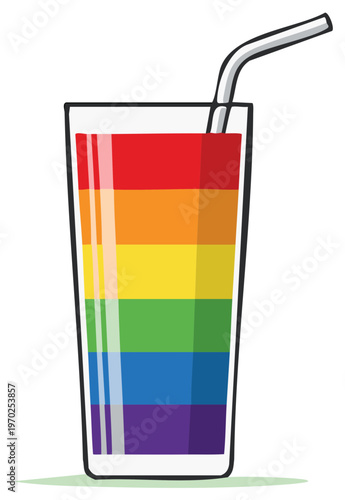 Tall glass filled with layered rainbow colored beverage and straw