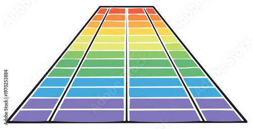 Hand drawn illustration of a colorful rainbow path with steps receding in perspective