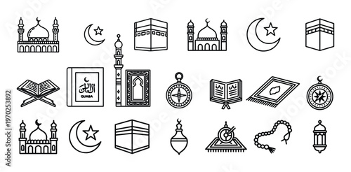 Islamic religion line icons set featuring mosque crescent kabaa quran and prayer accessories