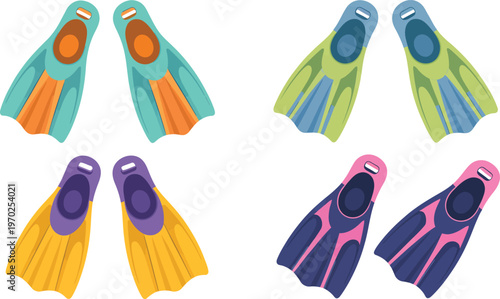 Colorful swimming flippers, fun cartoon vector illustrations displayed on white background, ideal for beach, swimming, and aquatic activity designs