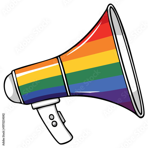Cartoon illustration of a megaphone, displaying rainbow colors, representing pride and inclusivity.