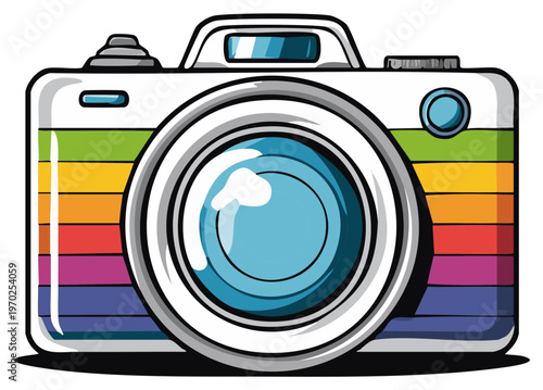 Colorful retro camera with rainbow stripes and shiny lens vector illustration