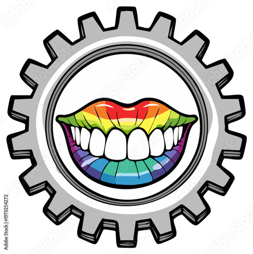 Colorful rainbow lips inside a gray cogwheel, LGBTQ+ concept design.