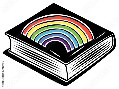 Illustrated book with rainbow arc symbolizing knowledge and enlightenment concept