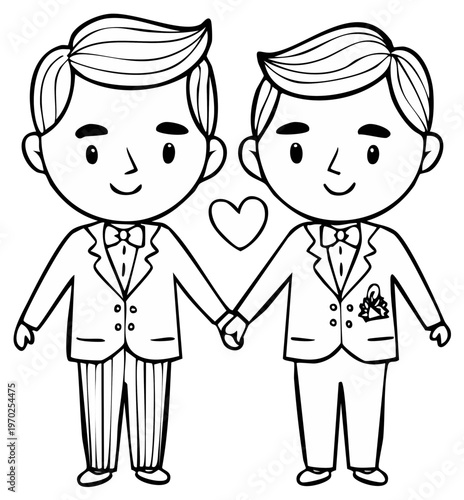 Cartoon grooms in suits holding hands with heart outline for wedding celebration coloring page illustration