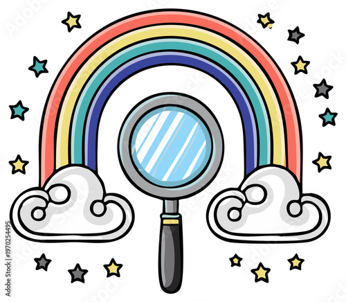 Magnifying Glass Discovery Under Rainbow and Stars