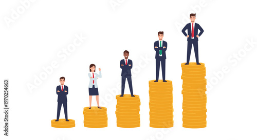 An illustrated group of business people stands confidently on increasing stacks of gold coins.
