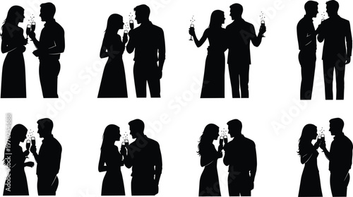 Couple silhouettes drinking wine in romantic poses, elegant men and women holding glasses, black isolated set for date, celebration, relationship, and lifestyle design projects