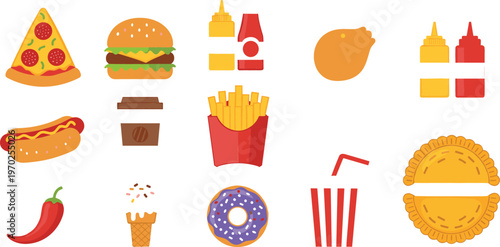 Fast food icons set with pizza burger fries hotdog donut coffee sauces and snacks colorful vector illustration