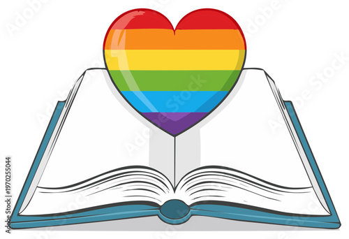 Vibrant rainbow heart illustration resting on an open book symbolizing love, learning, and LGBTQ+ pride