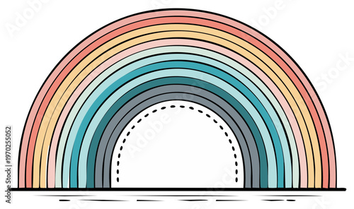 Soft Pastel Rainbow Arch With Outline and Dashed Line Detail