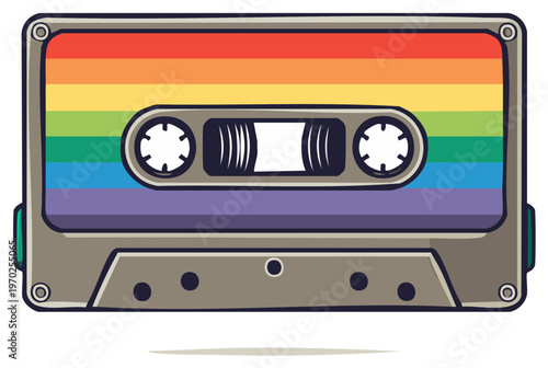 Rainbow colored cassette tape illustration, retro music icon