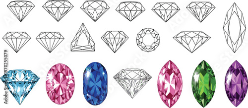 Diamond and gemstone shapes collection with colorful precious stones and outline crystal cuts jewelry vector illustration set