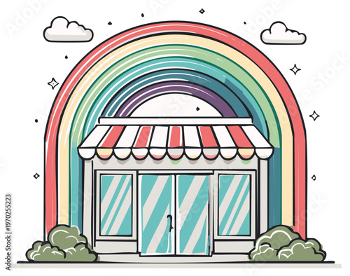 Cute storefront with striped awning, framed by a colorful rainbow arch, above two small bushes and cloudscape in a hand drawn style.
