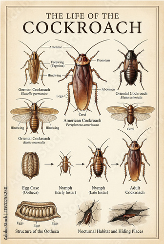 A detailed vintage-style educational chart illustrating the complete life cycle, anatomical structure, and common species of the cockroach.