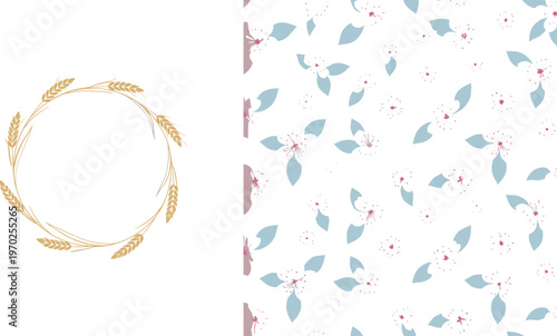 Golden wheat wreath frame and seamless floral pattern with leaves decorative background vector illustration set