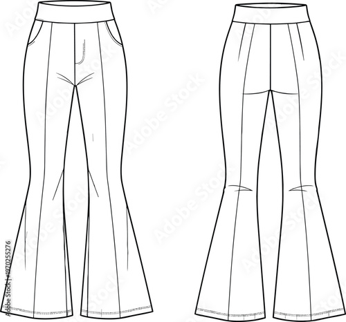 women's flared pants technical fashion flat sketch front and back view high waist bell bottom trousers casual outfit design illustration