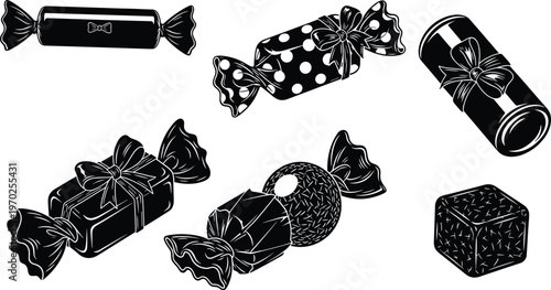 Candy silhouette set with assorted wrapped sweets, chocolate pieces and confectionery shapes isolated on white background, vintage style food illustration for packaging, menu, and design use