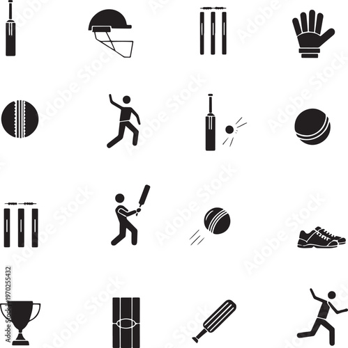 Cricket Essentials Collection: A comprehensive collection of iconic cricket elements, from bats and balls to protective gear and action shots. capturing the spirit of this beloved sport.