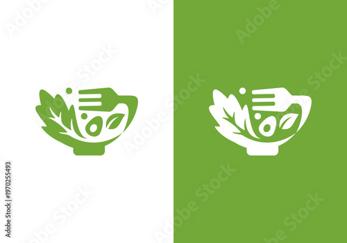 Natural food logo vector design template, herbal food logo with bowl, fork, spoon food and fruit