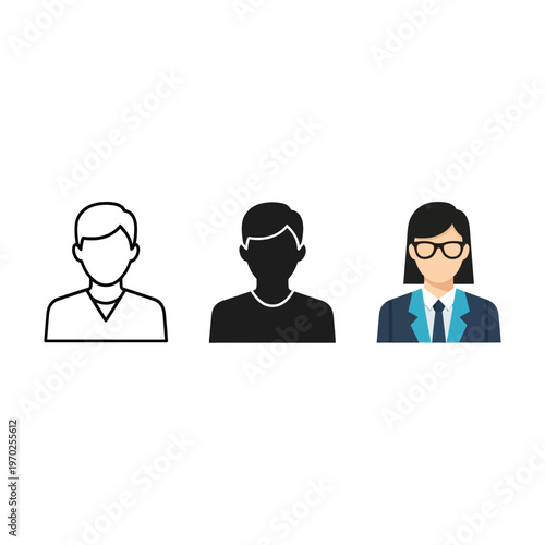 Set of three human profile icons in line art, silhouette, and colored illustration styles on white background for business and user identification
