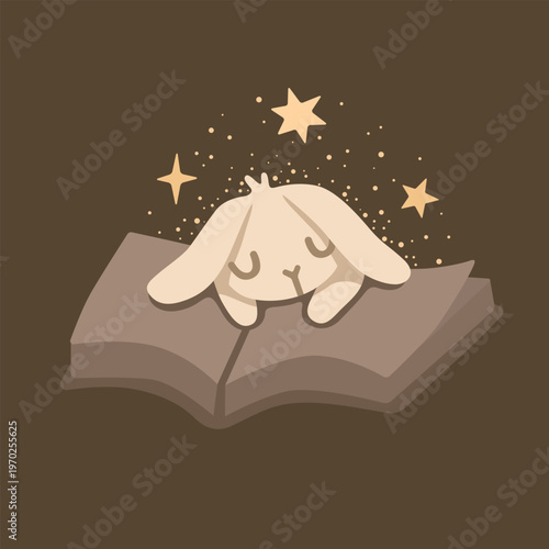 Cute sleepy bunny resting on an open book with stars around, cozy dreamy night illustration. Flat vector style, warm brown palette, adorable character design.