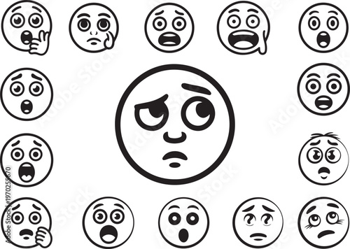 Collection of Expressive Emoji Faces Showing Various Emotions and Reactions in Outline Style
